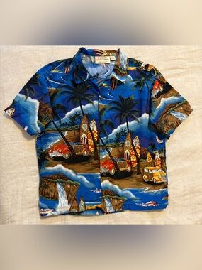 Royal Hawaiian Creations Cars Surfboard Aloha Button Up Shirt Boys 14